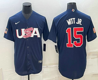 Men%27s USA Baseball #15 Bobby Witt Jr 2023 Navy World Baseball Classic Stitched Jerseys